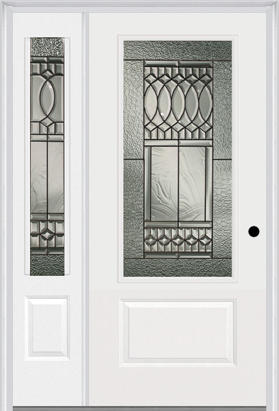MMI 3/4 Lite 1 Panel 6'8" Fiberglass Smooth Paris Patina Exterior Prehung Door With 1 Paris Patina 3/4 Lite Decorative Glass Sidelight 608