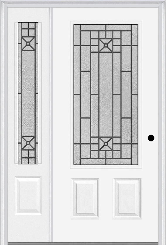 MMI 3/4 Lite 2 Panel 6'8" Fiberglass Smooth Courtyard Nickel Vein Wrought Iron Exterior Prehung Door With 1 Courtyard Nickel Vein Wrought Iron 3/4 Lite Decorative Glass Sidelight 607
