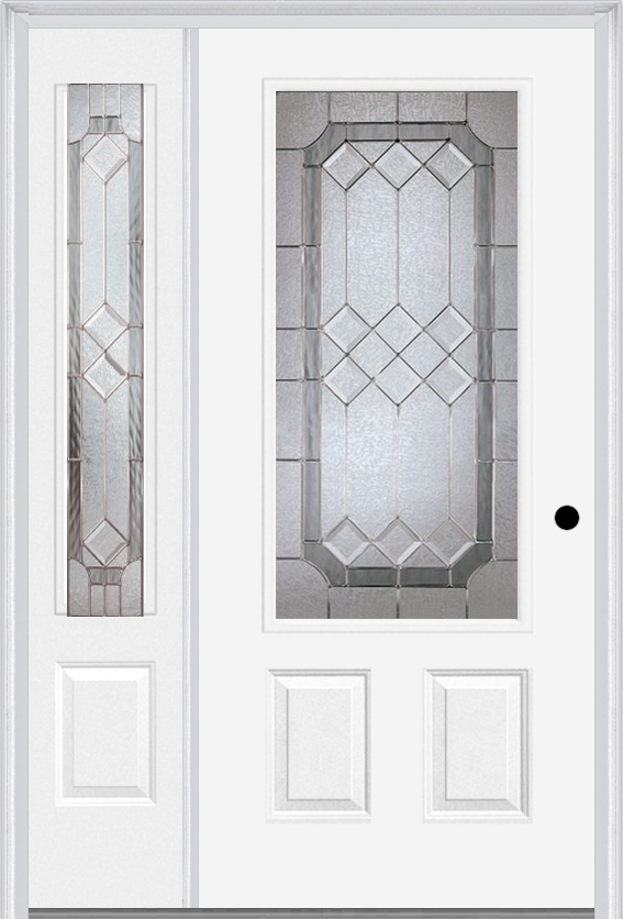 MMI 3/4 Lite 2 Panel 6'8" Fiberglass Smooth Majestic Nickel Exterior Prehung Door With 1 Majestic Nickel 3/4 Lite Decorative Glass Sidelight 607