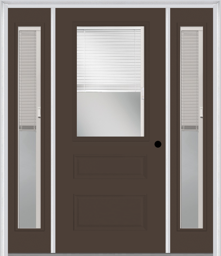 MMI 1/2 Lite Horizontal 2 Panel Raise/Lower Blinds 3'0" X 6'8" Fiberglass Smooth Exterior Prehung Door With 2 Full Lite Raise/Lower Blinds Clear Glass Sidelights 631 RLB 690 RLB