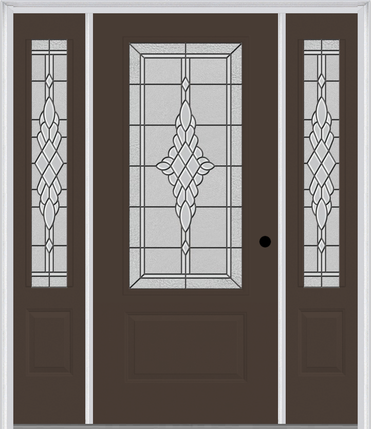 MMI 3/4 Lite 1 Panel 6'8" Fiberglass Smooth Grace Nickel Or Grace Patina Exterior Prehung Door With 2 Grace Nickel/Patina 3/4 Lite Decorative Glass Sidelights 608