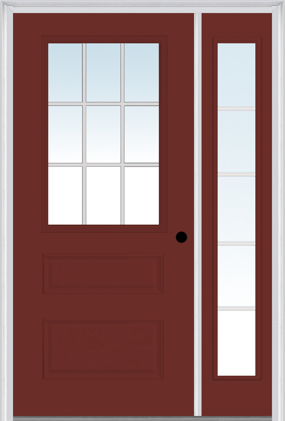 MMI 1/2 Lite Horizontal 2 Panel 3'0" X 6'8" Fiberglass Smooth White Grilles Between Glass Exterior Prehung Door With 1 Full Lite White Grilles Between Glass Sidelight 631 GBG 690 GBG