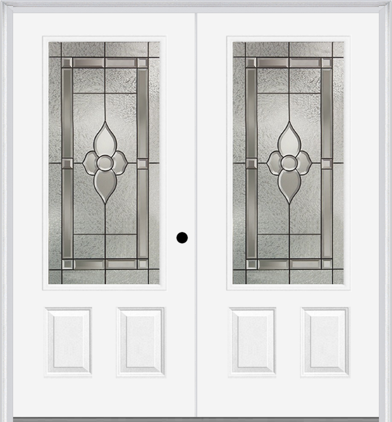 MMI TWIN/DOUBLE 3/4 LITE 2 PANEL 6'0" X 6'8" FIBERGLASS SMOOTH NOUVEAU NICKEL OR NOUVEAU PATINA DECORATIVE GLASS EXTERIOR PREHUNG DOOR 607