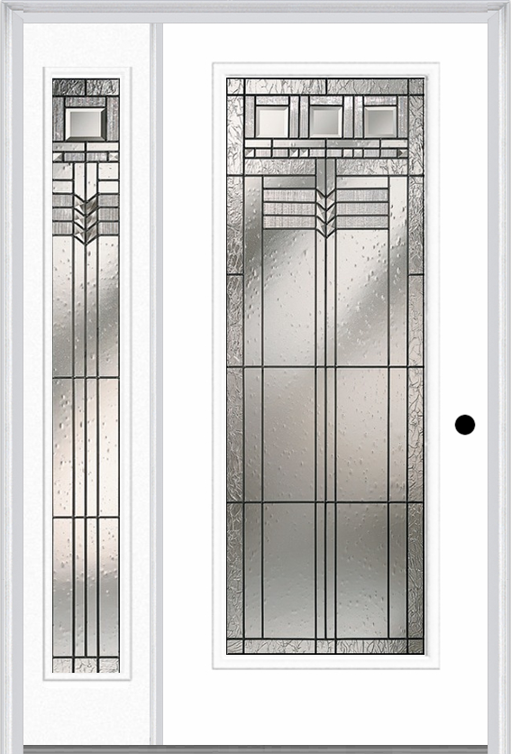MMI Full Lite 6'8" Fiberglass Smooth Oak Park Patina Exterior Prehung Door With 1 Full Lite Oak Park Patina Decorative Glass Sidelight 686
