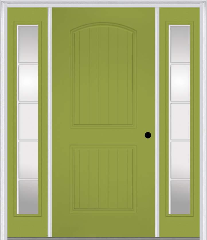 MMI 2 Panel Arch Planked 3'0" X 6'8" Fiberglass Smooth Exterior Prehung Door With 2 Full Lite SDL Grilles Glass Sidelights 200