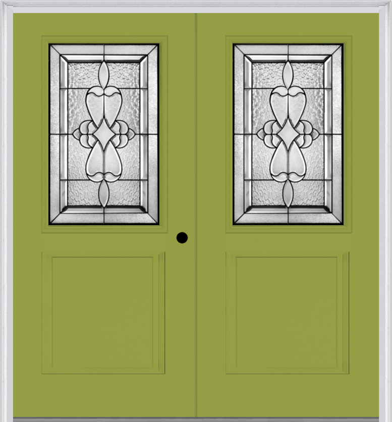 MMI TWIN/DOUBLE 1/2 LITE 1 PANEL 6'8" FIBERGLASS SMOOTH JAMESTOWN PATINA DECORATIVE GLASS EXTERIOR PREHUNG DOOR 682