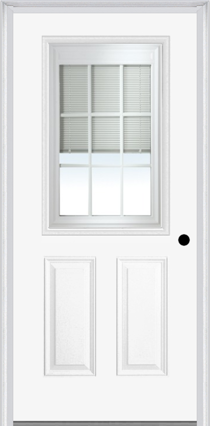 MMI 1/2 Lite 2 Panel Raise/Lower Blinds 6'8" Builders Classic Clear Low-E Glass Grilles Between Glass Finger Jointed Primed Exterior Prehung Door 681 RLB GBG