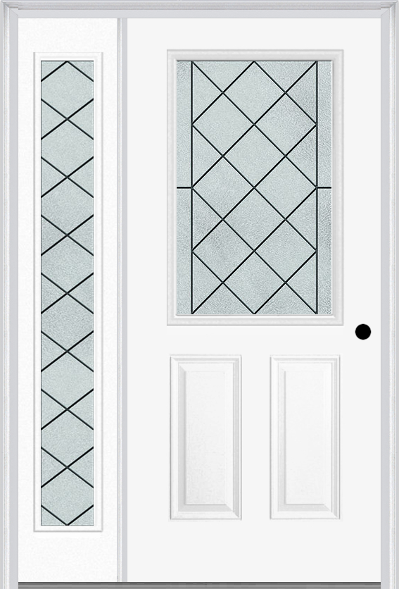 MMI 1/2 Lite 2 Panel 6'8" Fiberglass Smooth Harris Patina Exterior Prehung Door With 1 Full Lite Harris Patina Decorative Glass Sidelight 684