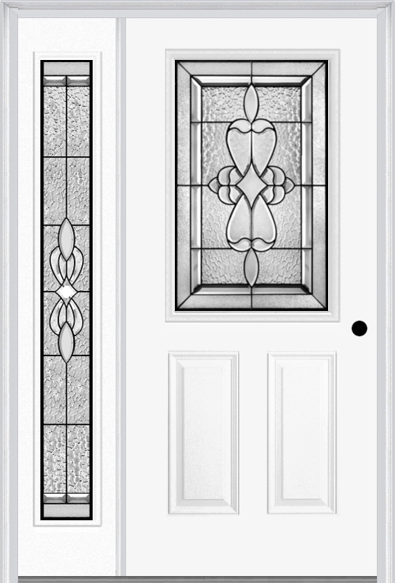MMI 1/2 Lite 2 Panel 6'8" Fiberglass Smooth Jamestown Patina Exterior Prehung Door With 1 Full Lite Jamestown Patina Decorative Glass Sidelight 684
