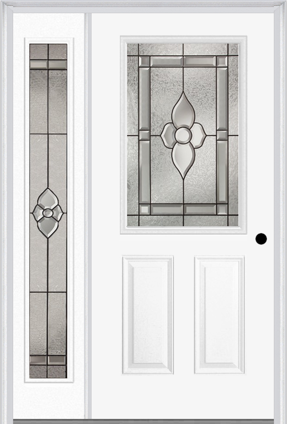 MMI 1/2 Lite 2 Panel 6'8" Fiberglass Smooth Nouveau Nickel Or Nouveau Patina Exterior Prehung Door With 1 Full Lite Nouveau Brass/Nickel/Patina Decorative Glass Sidelight 684
