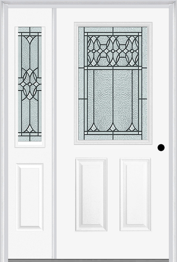 MMI 1/2 Lite 2 Panel 6'8" Fiberglass Smooth Selwyn Patina Exterior Prehung Door With 1 Half Lite Selwyn Patina Decorative Glass Sidelight 684