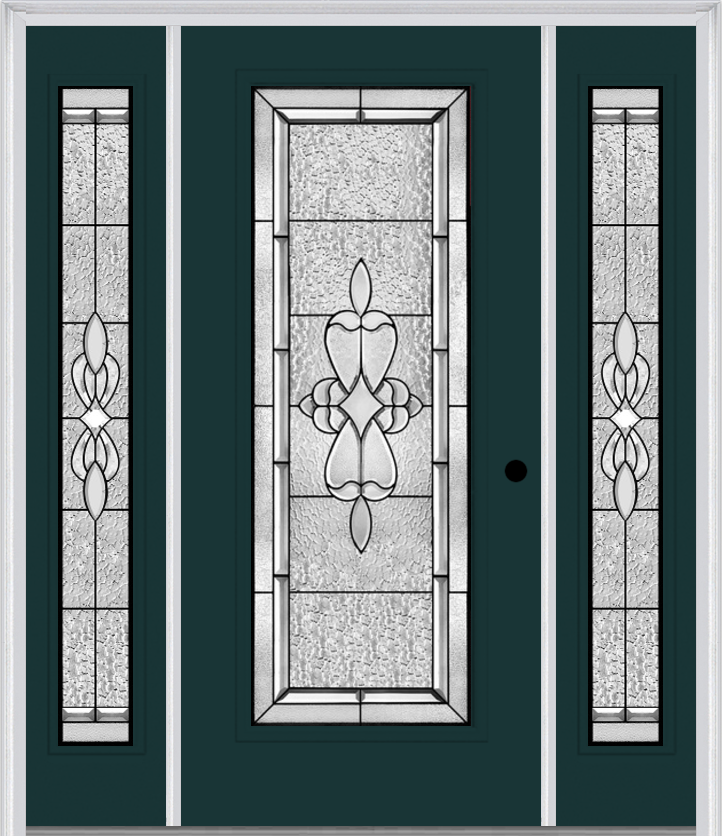 MMI Full Lite 6'8" Fiberglass Smooth Jamestown Patina Exterior Prehung Door With 2 Full Lite Jamestown Patina Decorative Glass Sidelights 686