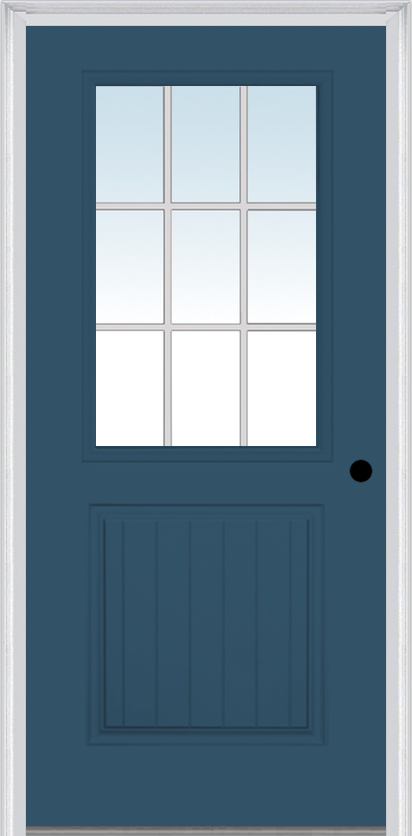 MMI 1/2 Lite 1 Panel Planked 3'0" X 6'8" Fiberglass Smooth White Grilles Between Glass Exterior Prehung Door 683 GBG