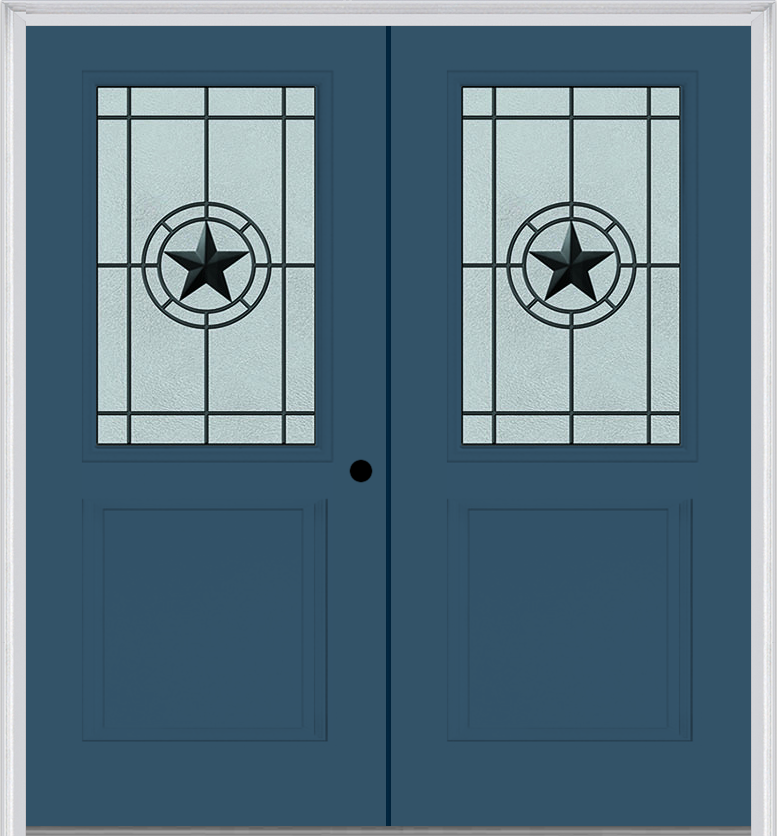 MMI TWIN/DOUBLE 1/2 LITE 1 PANEL 6'8" FIBERGLASS SMOOTH ELEGANT STAR WROUGHT IRON DECORATIVE GLASS EXTERIOR PREHUNG DOOR 682