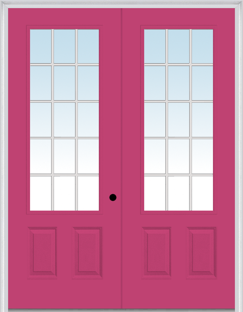 MMI TWIN/DOUBLE 3/4 LITE 2 PANEL 6'0" X 8'0" FIBERGLASS SMOOTH CLEAR GLASS WHITE 15 LITE GRILLES BETWEEN GLASS EXTERIOR PREHUNG DOOR 759 GBG LOW-E OPTION