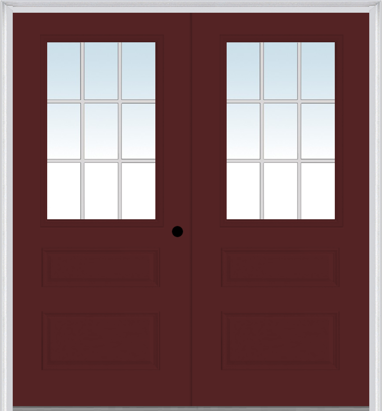 MMI TWIN/DOUBLE 1/2 LITE HORIZONTAL 2 PANEL 6'0" X 6'8" FIBERGLASS SMOOTH WHITE GRILLES BETWEEN GLASS EXTERIOR PREHUNG DOOR 631 GBG