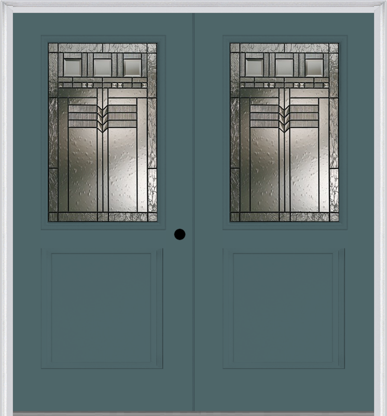 MMI TWIN/DOUBLE 1/2 LITE 1 PANEL 6'8" FIBERGLASS SMOOTH OAK PARK PATINA DECORATIVE GLASS EXTERIOR PREHUNG DOOR 682