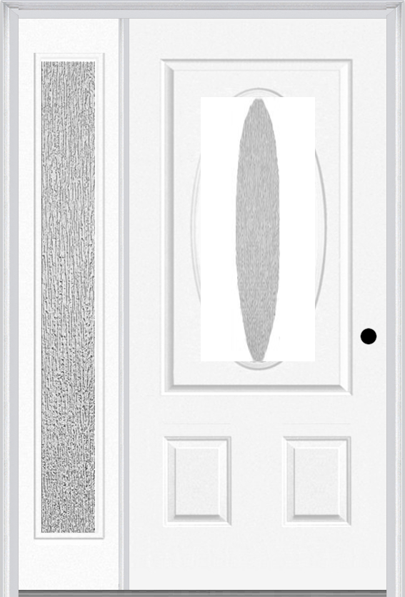 MMI SMALL OVAL 2 PANEL 3'0" X 6'8" RAIN LOW-E FIBERGLASS SMOOTH EXTERIOR PREHUNG DOOR WITH 1 FULL LITE RAIN LOW-E GLASS SIDELIGHT 949