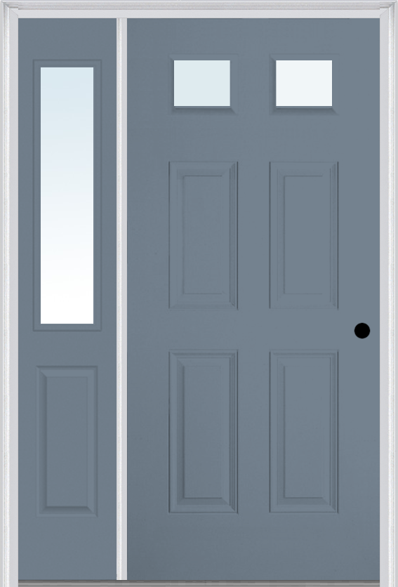 MMI 2-1/4 Lite 4 Panel 3'0" X 6'8" Fiberglass Smooth Exterior Prehung Door With 1 Half Lite Clear Glass Sidelight 23