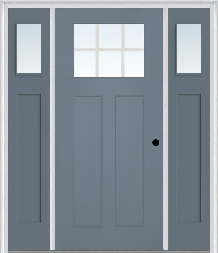 MMI Craftsman 2 Panel Shaker 3'0" X 6'8" Fiberglass Smooth Low-E Glass Exterior Prehung Door With 2 Clear Or SDL 1/4 Craftsman Lite Glass Sidelights 866, 867 SDL, Or 868 SDL