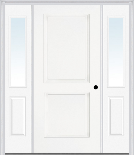 MMI TRUE 2 PANEL 3'0" X 6'8" FIBERGLASS SMOOTH EXTERIOR PREHUNG DOOR WITH 2 HALF LITE CLEAR OR PRIVACY/TEXTURED GLASS SIDELIGHTS 20