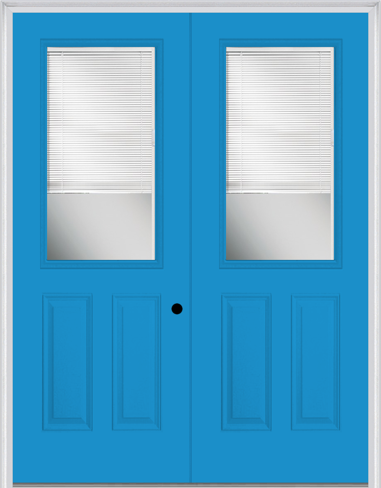 MMI TWIN/DOUBLE 1/2 LITE 2 PANEL RAISE/LOWER BLINDS 6'0" X 8'0" FIBERGLASS SMOOTH CLEAR GLASS EXTERIOR PREHUNG DOOR 906 RLB