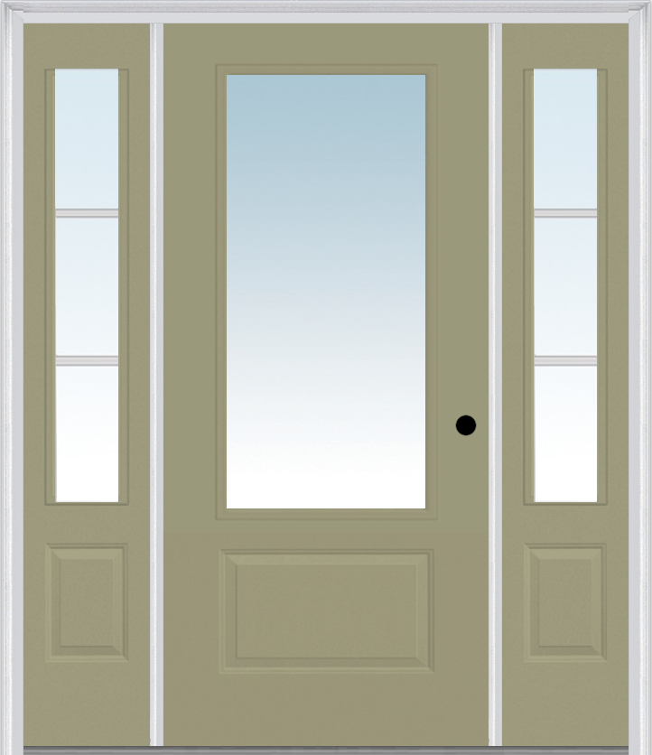 MMI 3/4 Lite 1 Panel 3'0" X 6'8" Fiberglass Smooth Exterior Prehung Door With 2 SDL Grilles 3/4 Lite Low-E Glass Sidelights 608