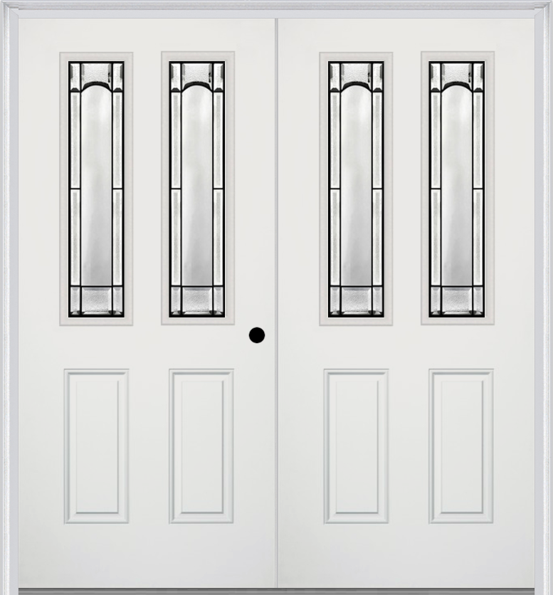 MMI TWIN/DOUBLE 2-1/2 LITE 2 PANEL 6'8" FIBERGLASS SMOOTH SOLEIL PATINA DECORATIVE GLASS EXTERIOR PREHUNG DOOR 692