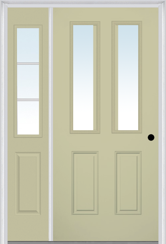 MMI 2-1/2 Lite 2 Panel 3'0" X 6'8" Fiberglass Smooth Exterior Prehung Door With 1 Half Lite SDL Grilles Glass Sidelight 62