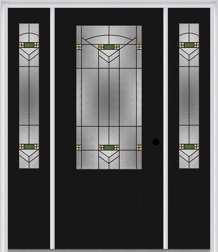 MMI 3/4 Lite 1 Panel 6'8" Fiberglass Smooth Greenfield Oil Rubbed Bronze Exterior Prehung Door With 2 Greenfield Oil Rubbed Bronze 3/4 Lite Decorative Glass Sidelights 608