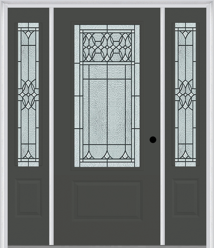 MMI 3/4 Lite 1 Panel 6'8" Fiberglass Smooth Selwyn Patina Exterior Prehung Door With 2 Selwyn Patina 3/4 Lite Decorative Glass Sidelights 608