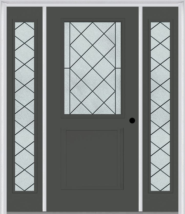 MMI 1/2 Lite 1 Panel 6'8" Fiberglass Smooth Harris Patina Exterior Prehung Door With 2 Full Lite Harris Patina Decorative Glass Sidelights 682