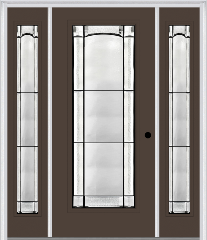 MMI Full Lite 6'8" Fiberglass Smooth Soleil Patina Exterior Prehung Door With 2 Full Lite Soleil Patina Decorative Glass Sidelights 686