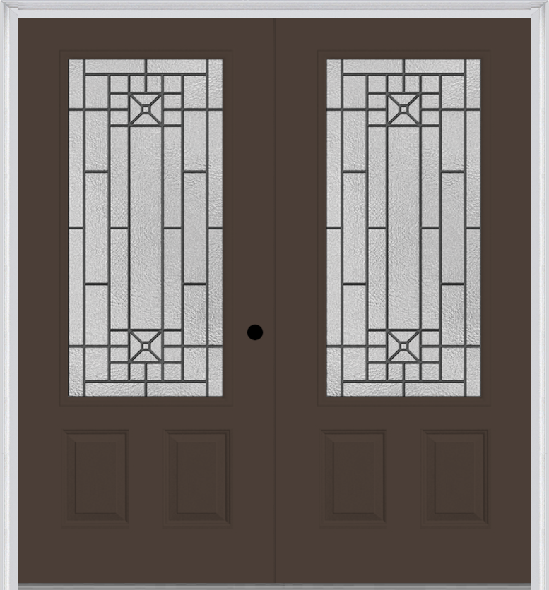 MMI TWIN/DOUBLE 3/4 LITE 2 PANEL 6'0" X 6'8" FIBERGLASS SMOOTH COURTYARD NICKEL VEIN WROUGHT IRON DECORATIVE GLASS EXTERIOR PREHUNG DOOR 607