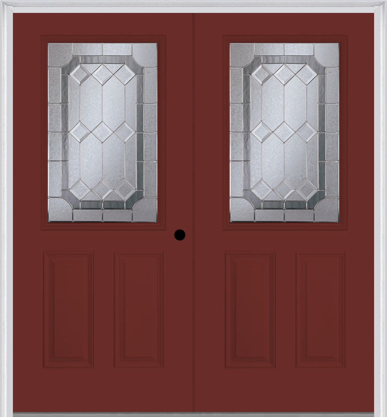 MMI TWIN/DOUBLE 1/2 LITE 2 PANEL 6'8" FIBERGLASS SMOOTH MAJESTIC NICKEL DECORATIVE GLASS EXTERIOR PREHUNG DOOR 684