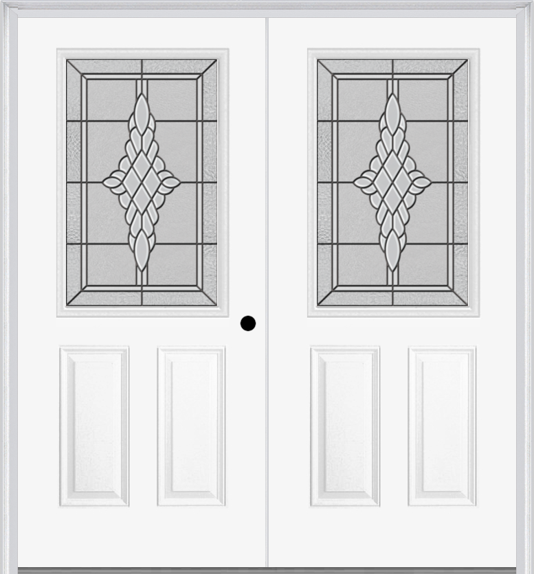 MMI TWIN/DOUBLE 1/2 LITE 2 PANEL 6'8" FIBERGLASS SMOOTH GRACE NICKEL OR GRACE PATINA DECORATIVE GLASS EXTERIOR PREHUNG DOOR 684