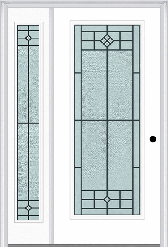 MMI Full Lite 6'8" Fiberglass Smooth Beaufort Patina Exterior Prehung Door With 1 Full Lite Beaufort Patina Decorative Glass Sidelight 686