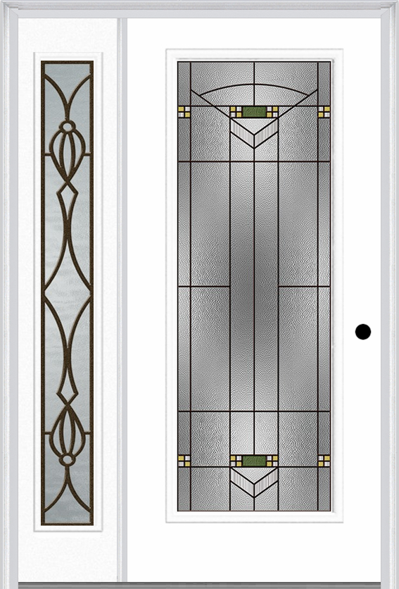 MMI Full Lite 6'8" Fiberglass Smooth Greenfield Oil Rubbed Bronze Exterior Prehung Door With 1 Full Lite Greenfield Oil Rubbed Bronze Decorative Glass Sidelight 686