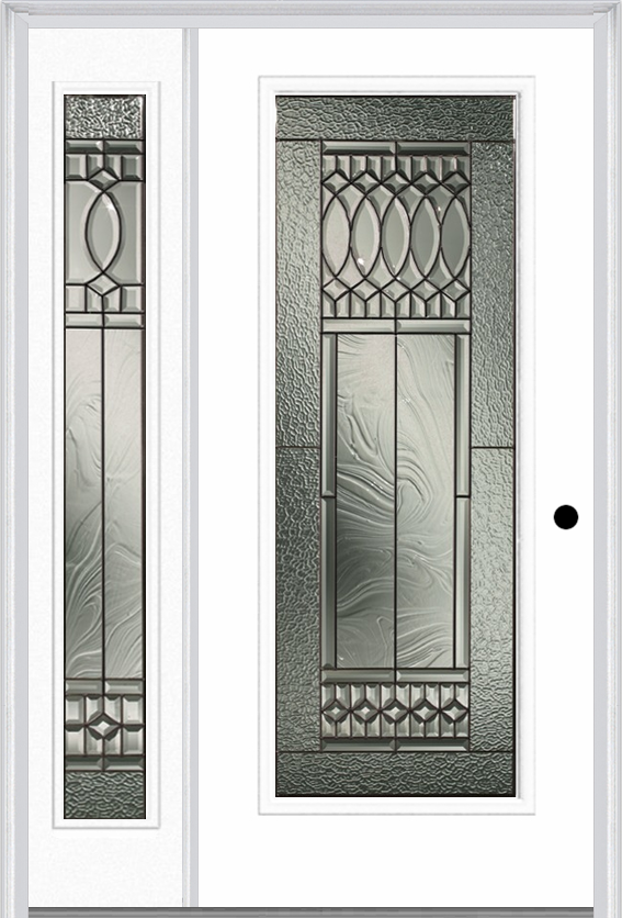 MMI Full Lite 6'8" Fiberglass Smooth Paris Patina Exterior Prehung Door With 1 Full Lite Paris Patina Decorative Glass Sidelight 686