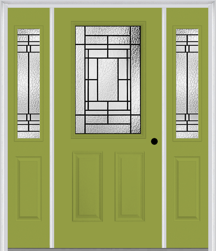 MMI 1/2 Lite 2 Panel 6'8" Fiberglass Smooth Pembrook Patina Exterior Prehung Door With 2 Half Lite Pembrook Patina Decorative Glass Sidelights 684