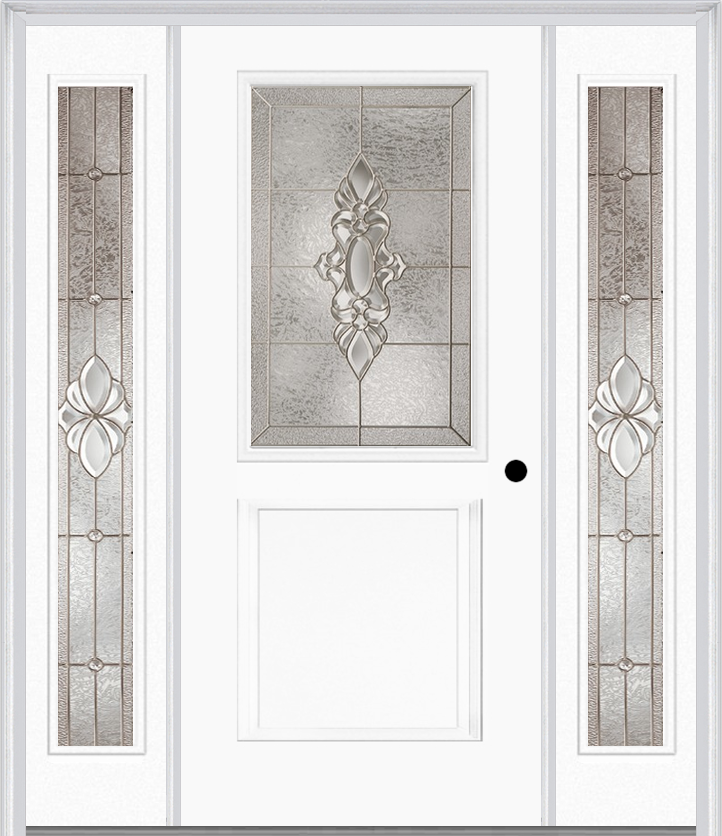 MMI 1/2 Lite 1 Panel 6'8" Fiberglass Smooth Heirlooms Brass Or Heirlooms Satin Nickel Exterior Prehung Door With 2 Full Lite Heirlooms Brass/Satin Nickel Decorative Glass Sidelights 682
