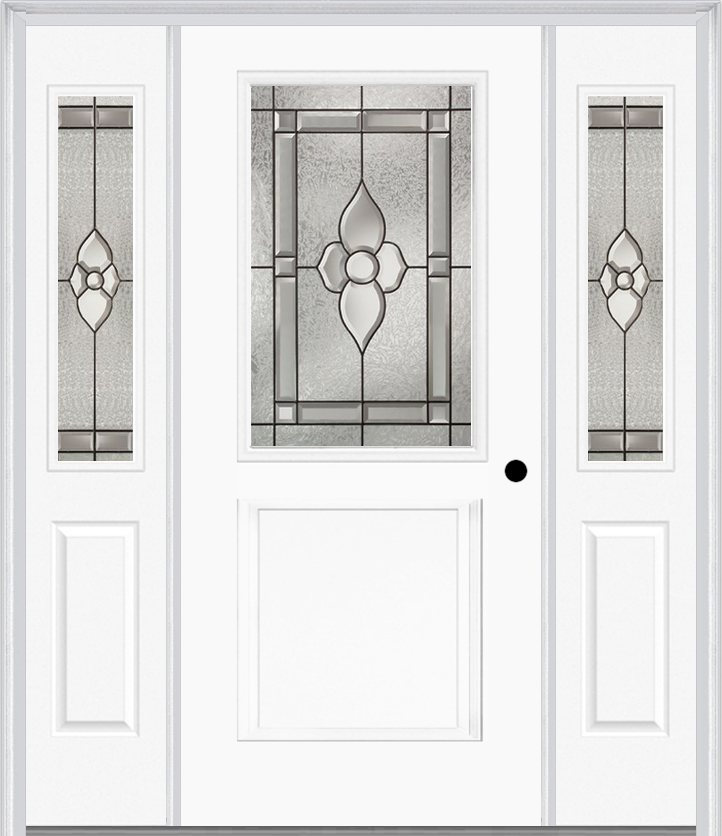 MMI 1/2 Lite 1 Panel 6'8" Fiberglass Smooth Nouveau Nickel Or Nouveau Patina Exterior Prehung Door With 2 Half Lite Nouveau Brass/Nickel/Patina Decorative Glass Sidelights 682