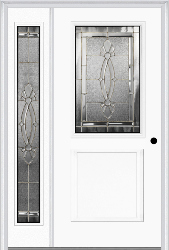 MMI 1/2 Lite 1 Panel 6'8" Fiberglass Smooth Belaire Zinc Exterior Prehung Door With 1 Full Lite Belaire Zinc Decorative Glass Sidelight 682