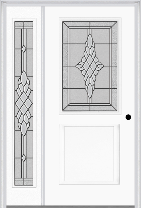 MMI 1/2 Lite 1 Panel 6'8" Fiberglass Smooth Grace Nickel Or Grace Patina Exterior Prehung Door With 1 Full Lite Grace Nickel/Patina Decorative Glass Sidelight 682