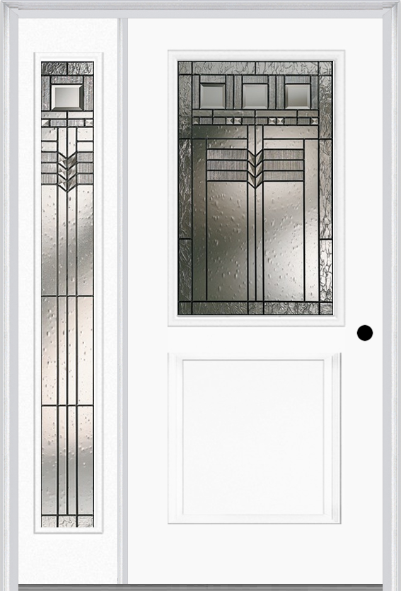 MMI 1/2 Lite 1 Panel 6'8" Fiberglass Smooth Oak Park Patina Exterior Prehung Door With 1 Full Lite Oak Park Patina Decorative Glass Sidelight 682