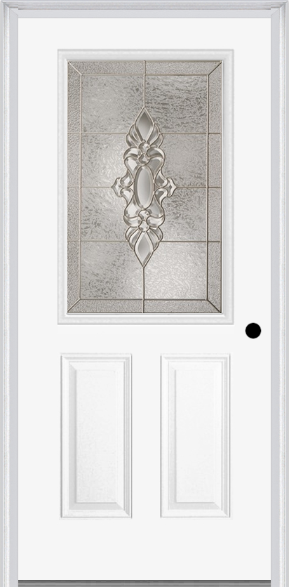 MMI 1/2 Lite 2 Panel 6'8" Fiberglass Smooth Heirlooms Brass Or Heirlooms Satin Nickel Decorative Glass Exterior Prehung Door 684