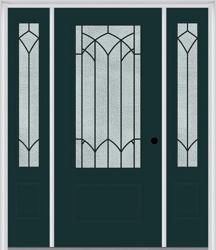 MMI 3/4 Lite 1 Panel 6'8" Fiberglass Smooth Montclaire Wrought Iron Exterior Prehung Door With 2 Montclaire Wrought Iron 3/4 Lite Decorative Glass Sidelights 608