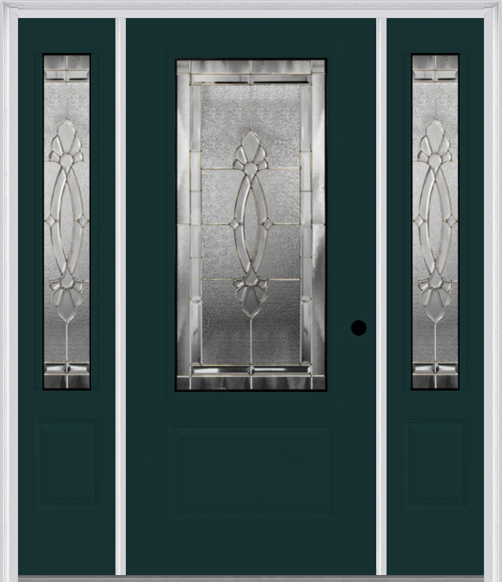 MMI 3/4 Lite 1 Panel 6'8" Fiberglass Smooth Belaire Zinc Exterior Prehung Door With 2 Belaire Zinc 3/4 Lite Decorative Glass Sidelights 608