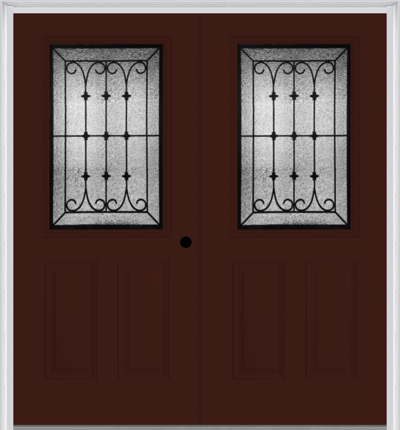 MMI TWIN/DOUBLE 1/2 LITE 2 PANEL 6'8" FIBERGLASS SMOOTH CHATEAU WROUGHT IRON DECORATIVE GLASS EXTERIOR PREHUNG DOOR 684