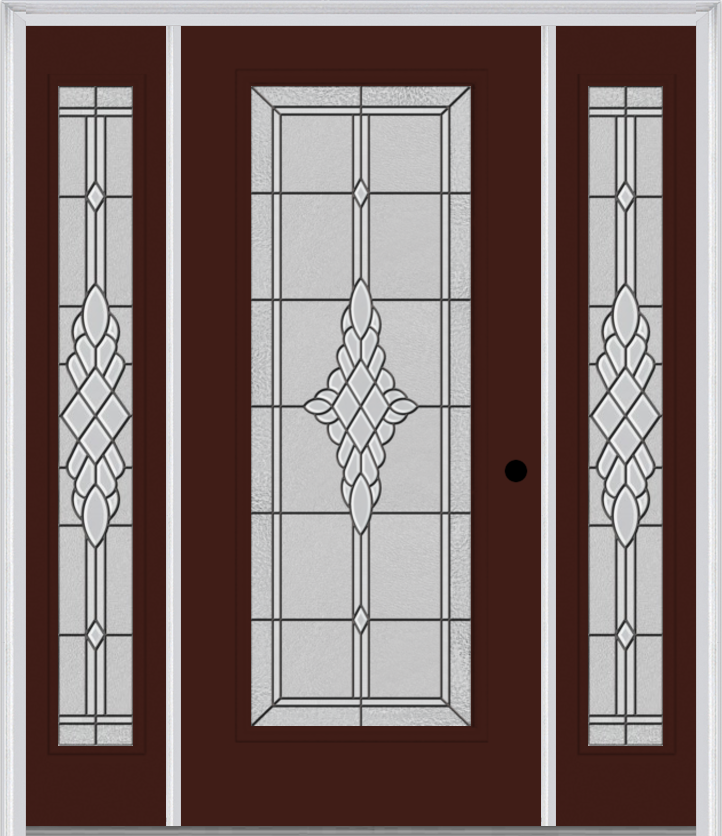 MMI Full Lite 6'8" Fiberglass Smooth Grace Nickel Or Grace Patina Exterior Prehung Door With 2 Full Lite Grace Nickel/Patina Decorative Glass Sidelights 686